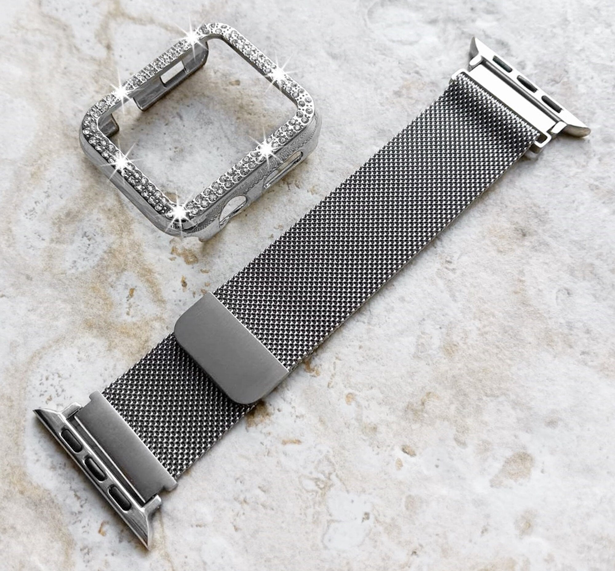 Apple Watch Silver Color Band Kit Crystal Case Bezel Cover for Ultra 9 2 8 7 SE 6 5 4 3 2 49mm 45mm 44mm 42mm 41mm 40mm 38mm Strap Milanese